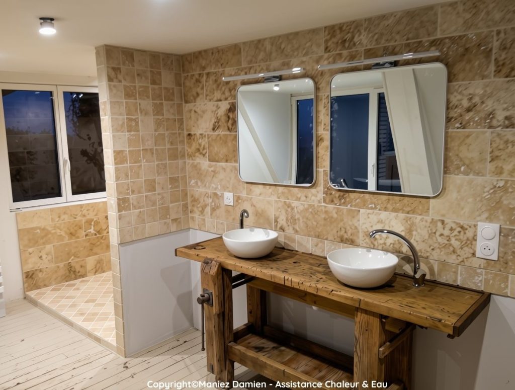 Salle de bain, plan bois avec 2 vasques posées, travertins beiges.
